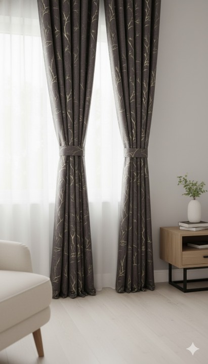 Premium Velvet Curtain - Dark Chocolate Brown with Gold Tree Branch Print | Luxury Room Darkening Drapes by CottonKart