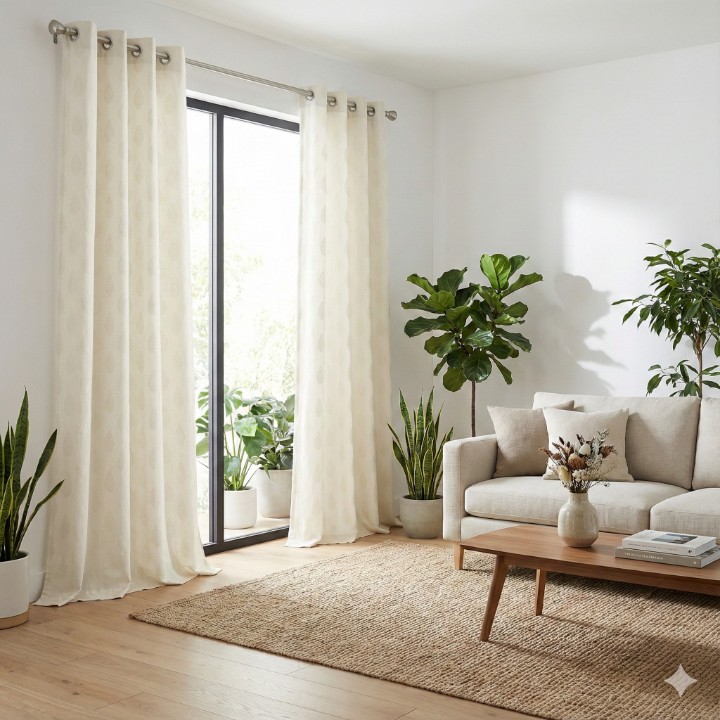 Premium Ivory Cotton Eyelet Curtain with Elegant Leaf Design | Soft Light Filtering Window Curtain