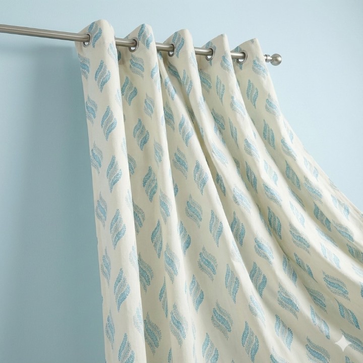 Buy Blue Printed Curtain Combo Set | 2 Window & 1 Door Curtains | Aqua Leaf Design | CottonKart