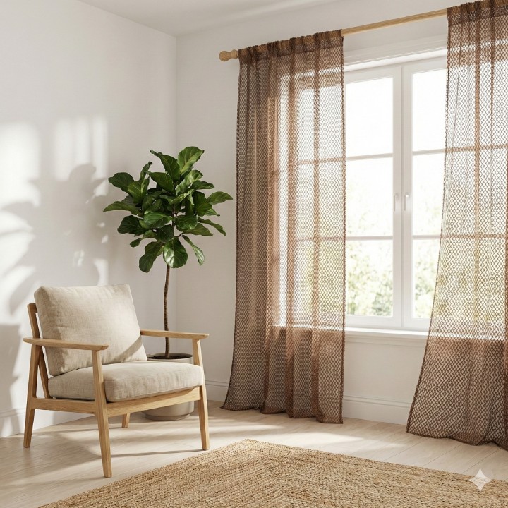 CottonKart.com Premium Coffee Brown Net Curtain - Modern Sheer Mesh for Door & Window (Transparent)